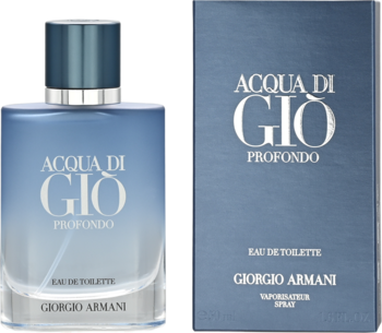 Acqua di Gio Profondo męska woda toaletowa, niebieska butelka i pudełko Giorgio Armani, widok z przodu.