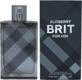 Burberry Brit For Him, woda toaletowa 100ml. Szara butelka i pudełko w kratę. Widok z przodu.