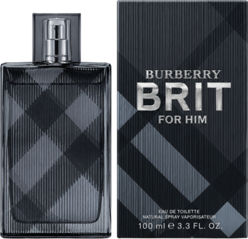 Burberry Brit For Him, męska woda toaletowa 100ml, butelka i pudełko w ciemnoszarą kratę z silver logo, widok z przodu.