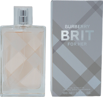 Burberry Brit For Her 100ml EDT, elegancka szklana butelka z bursztynowym płynem i szare pudełko w kratę, front.