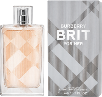 Woda toaletowa Burberry Brit For Her 100ml w butelce z kratą i szarym pudełku, widok z przodu.
