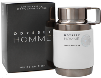 Armaf Odyssey Homme White Edition EDP, biała butelka z metalowym wykończeniem i czarnym pudełkiem, widok z przodu.