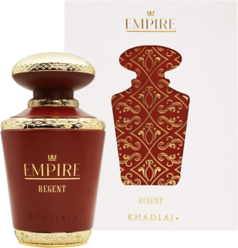 Khadlaj Empire Regent: burgundowa butelka perfum ze złotym korkiem obok białego pudełka z czerwono-złotym wzorem.