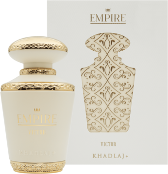Elegancka kremowo-złota butelka perfum Khadlaj Empire Victor obok dopasowanego pudełka z deseniem.
