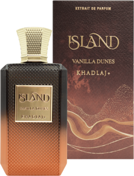 Perfumy Khadlaj Island Vanilla Dunes. Gradientowa butelka ciemno-bursztynowa z fakturą, złota zakrętka, obok pudełko.