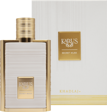 Złoto-biała perfumowana woda KARUS Secret Musk w butelce o ryflowanej fakturze, obok dopasowanego pudełka.