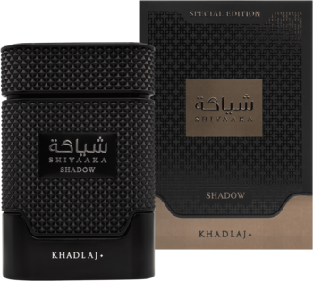 Czarny perfum SHIYAAKA SHADOW KHADLAJ, butelka w teksturze, złota etykieta, obok pasujące pudełko.