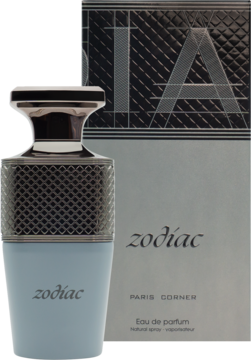 Perfumy Zodiac Paris Corner, butelka z błękitnym dnem i srebrną siatką, obok szare pudełko z wzorem, widok z przodu.