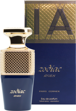 Granatowa perfuma Zodiac Stratos ze złotym, siatkowanym korkiem, obok pasujące pudełko Paris Corner.