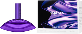 Fioletowy flakon perfum Calvin Klein Euphoria Bold Elixir o zakrzywionym kształcie, obok fioletowe pudełko.