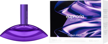 Fioletowe perfumy Calvin Klein Euphoria Bold Elixir, butelka i pudełko z opalizującym wirującym wzorem, widok z przodu.