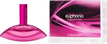 Calvin Klein Euphoria Magnetic Elixir, różowe perfumy damskie w płaskiej butelce obok opakowania z logo.