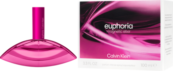 Calvin Klein Euphoria Magnetic Elixir, fuksjowa butelka perfum dla kobiet i różowo-czarne pudełko z logo.