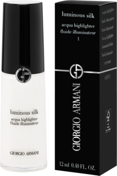 Giorgio Armani Luminous Silk Acqua Highlighter fluide illuminateur, biała butelka i czarne pudełko, widok pod kątem.