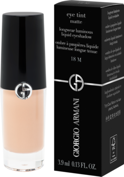 Giorgio Armani Eye Tint Matte, beżowy, długotrwały płynny cień do powiek w butelce z czarną nakrętką, obok pudełka.