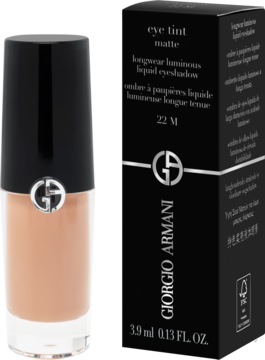 Beżowy Giorgio Armani Eye Tint Matte 22M, długotrwały cień w płynie, butelka i czarne opakowanie.