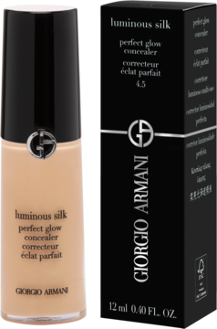 Giorgio Armani Luminous Silk Perfect Glow Concealer w jasnobeżowej butelce i czarnym pudełku, widok z przodu.