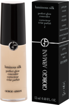 Giorgio Armani Luminous Silk Perfect Glow Concealer in beige, with its black box, 12 ml, standing upright.