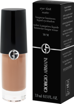 Giorgio Armani Eye Tint matte, beżowy płynny cień do powiek w butelce obok czarnego kartonika.