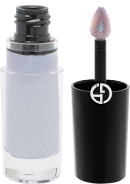 Błyszczący płynny cień do powiek Giorgio Armani, srebrno-fioletowy, z otwartą butelką i aplikatorem z logo GA.