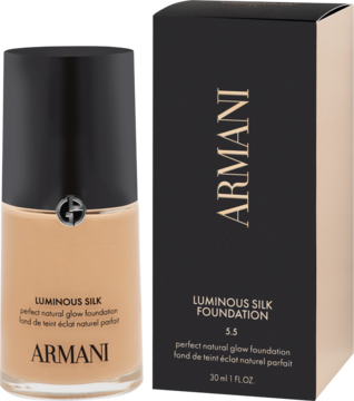Podkład Armani Luminous Silk 3.5 w szklanej butelce i czarnym pudełku, widok z przodu. Odcień beżowy.