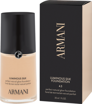 Giorgio Armani Luminous Silk Foundation 4.5, beżowy podkład w szklanej butelce i czarnym pudełku, stojące razem.