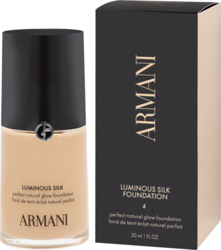 Podkład Giorgio Armani Luminous Silk Foundation 4 w szklanej butelce i czarnym pudełku, widok z przodu.