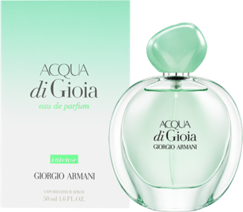Giorgio Armani Acqua di Gioia Intense, woda perfumowana damska w zielonej butelce i pasującym pudełku, widok przód.