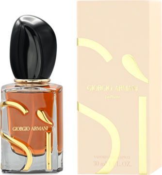 Perfumy damskie Giorgio Armani Si w bursztynowej butelce z falistym złotym dekorem obok jasnoróżowego pudełka.