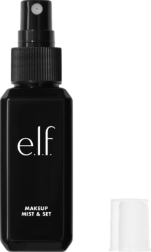 Czarna butelka sprayu e.l.f. MAKEUP MIST & SET, z odkręconą białą nakrętką, widok z przodu.