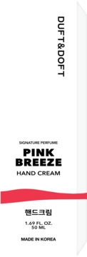 Krem do rąk DUFT&DOFT Pink Breeze 50ml w białym, prostokątnym opakowaniu, z czerwoną falą i czarnym tekstem, widok z przodu.