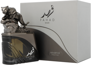 Męska woda perfumowana Arabiyat Prestige Fahad Gaze, ciemny flakon z metalową panterą na korku i białym pudełkiem.