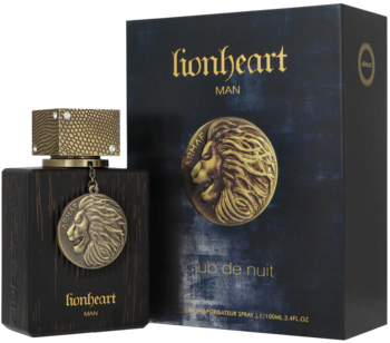 Armaf Club De Nuit Heritage Lionheart EDP męska, ciemna butelka z lwią głową, obok pudełka.