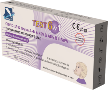 Pudełko testu 6w1 na COVID-19, grypę A+B, RSV, ADV, HMPV, widok z przodu-góry, fioletowe.