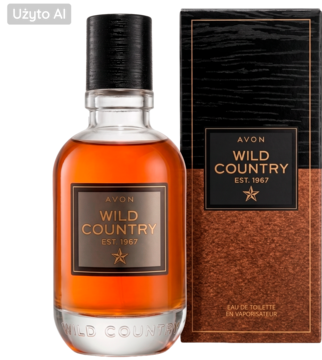 Avon Wild Country męska woda toaletowa. Bursztynowy flakon i brązowe pudełko na czerni. Ziołowo-orientalny, skórzany zapach.