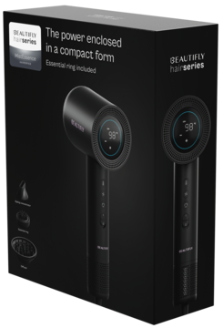 Czarne pudełko suszarki BEAUTIFLY Mistessence z widokiem na czarną suszarkę z ekranem 98° i akcesoria do stylizacji.