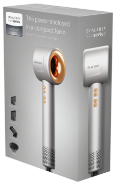 Suszarka BEAUTIFLY IonBoost, srebrno-miedziana, w szarym pudełku. Zapewnia jonizację i ma 4 końcówki.