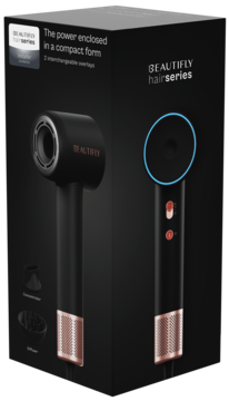 Czarne pudełko suszarki BEAUTIFLY hairseries, widok z przodu i tyłu, z różowozłotymi akcentami i końcówkami.