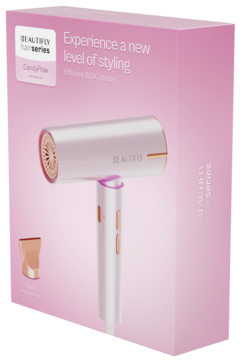 Różowo-złota suszarka BEAUTIFLY Candy Flow z koncentratorem, widoczna na różowym pudełku produktu.