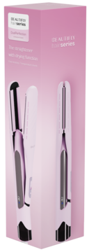 Różowe opakowanie prostownicy suszarki DualPerfection, widoczne biało-różowe urządzenie otwarte i złożone.