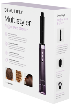 Białe pudełko BEAUTIFLY Multistyler Flow Pro Styler, fioletowy, z 6 nakładkami do kręcenia i stylizacji włosów.