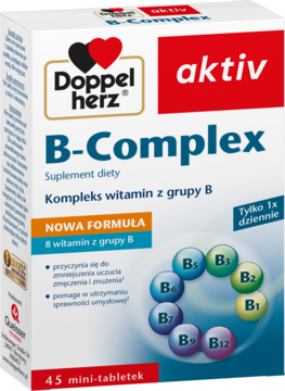 Białe opakowanie Doppelherz aktiv B-Complex, suplement diety z 8 witaminami grupy B, 45 mini-tabletek, widok z przodu.