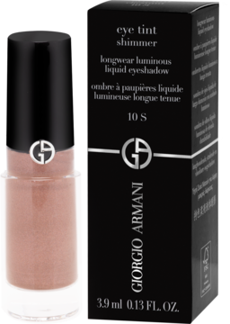 Miedziano-złoty płynny cień do powiek Giorgio Armani Eye Tint Shimmer 10 S w butelce obok czarnego pudełka.
