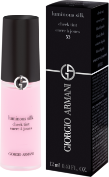 Giorgio Armani Luminous Silk Cheek Tint, różowy tint w butelce obok czarnego pudełka, widok z przodu, numer 53, 12ml.