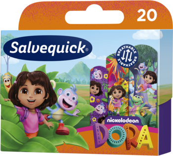 Salvequick Dora, wodoodporne plastry dla dzieci, opakowanie 20 sztuk z postaciami z bajki, widok z przodu.