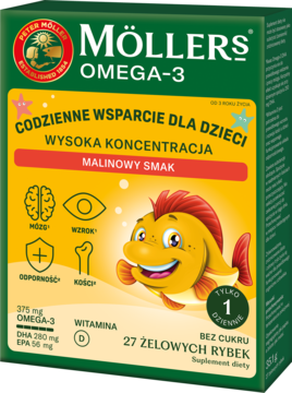 Möller's Omega-3 dla dzieci, malinowe żelki w żółtym pudełku z rysunkową rybką, widok z przodu.