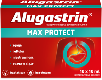 Czerwone opakowanie Alugastrin Max Protect zawiesina doustna na zgagę, 10x10ml, front, bez laktozy/glutenu.
