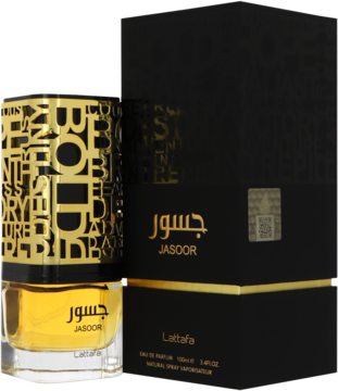Flakon Lattafa Jasoor eau de parfum z bursztynowym płynem i złotym korkiem BOLD, obok czarne pudełko.