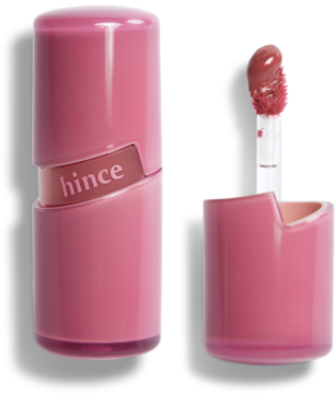 Różowy żelowy tint Hince z naturalnym połyskiem, zamknięte opakowanie i otwarty flakon z aplikatorem.