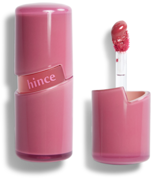 Hince różowy żelowy tint z naturalnym połyskiem, zamknięty i otwarty z aplikatorem z produktem.